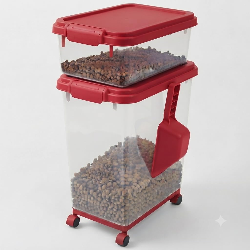 NTEK 3 Piece Airtight Pet Food Storage Container Set with Measuring Scoop & Wheels, Large Plastic Dog Food Storage Bin, Cat Food Dispenser, Dry Food, Treat & Biscuit Storage Box with Locking Lid