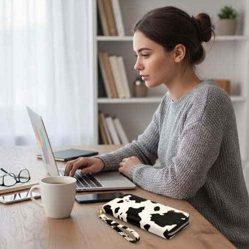 Image of Checkered Cow Print Wallet For Women Skull Goth Frog Butterfly Turtle Ladies Cluth Wristlet Wrist Strap Long Purse Zip Around Card Holder