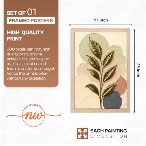Image of NoWorries 3D Botanical Leaf Wall Painting with Frame Set of 1 | Premium Textured Gold Leaf Artwork, Modern Abstract Nature Wall Decor for Living Room, Bedroom, Office and Home Decoration (3d Art-1,17x25inch)