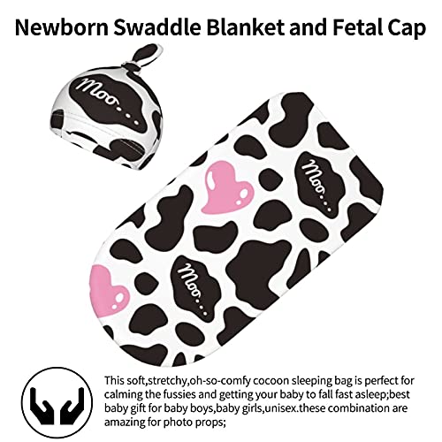 Cow Print Newborn Swaddle Blanket Baby Pink Heart Swaddle Blankets Wrap Infant Receiving Blanket With Beanie Hat Sets Infant Gifts For Boys Girls Soft #TOP2