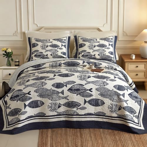 3-Piece Cotton Coastal Quilt Set, Navy Fish Bedspread with Shams, King