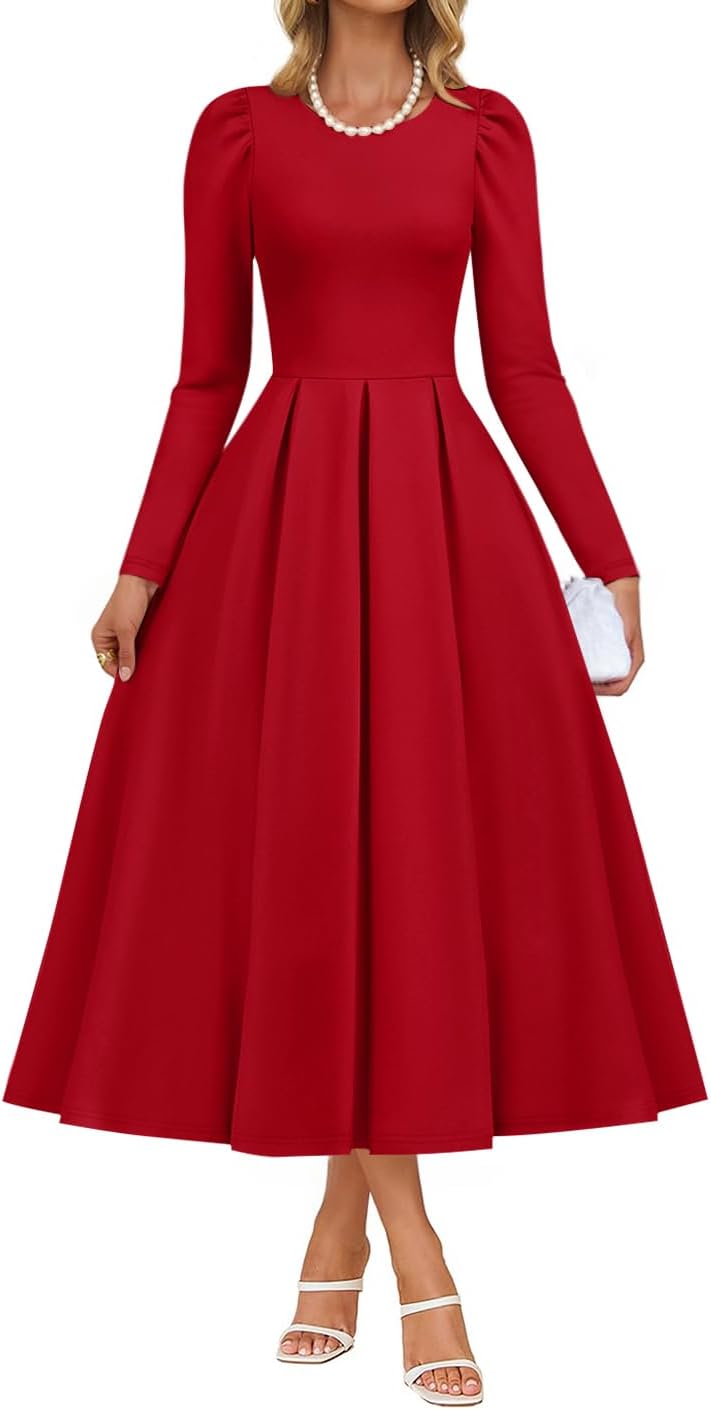 ZESICA Women's Long Sleeve Midi Dresses 2026 Spring Elegant Crewneck Swing A Line Wedding Guest Party Dress with Pockets