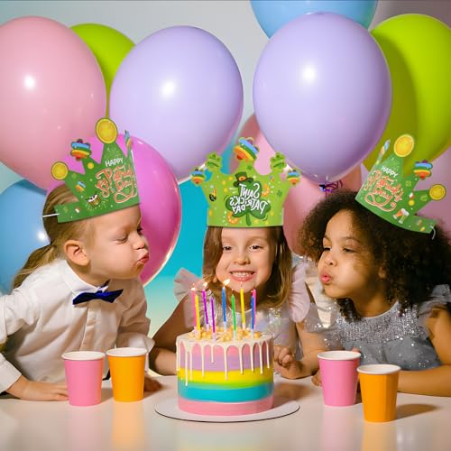 Kreyfer 12 Pcs St. Patrick's Day Paper Crowns Bulk Party Favors - 4 Designs Green Lucky Leprechaun Hats, Rainbow & Shamrock Headwear, Holiday Party Supplies, Fun Irish Accessories for Kids & Adults - Image 5
