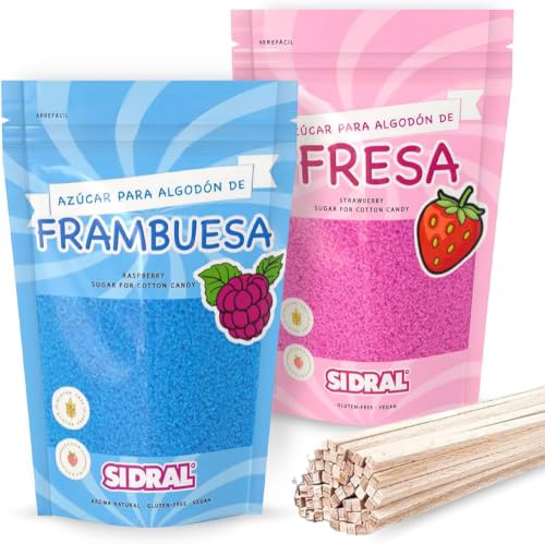 SIDRAL Azucar para Máquina Algodón (2x 250 gr) con 25 Palitos Reciclables para Degustación - Lote de 2 Sabores (Fresa, Frambuesa), Azúcar para Algodón de Azúcar - Ideal para Fiestas