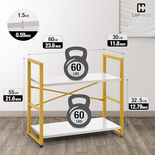 Image of CAPHAUS 2 Tier Small Bookshelf, 24 Inch Width Free Standing Shelf, Bookcase Shelf Storage Organizer, Industrial Book Shelves for Home Office, Living Room, White Wooden Shelves & Gold Frame