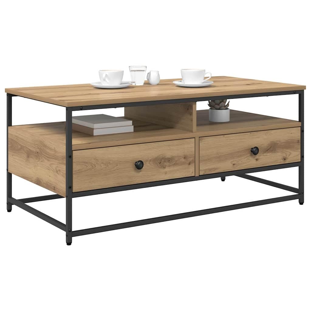 Mesa de centro de roble Artisan, 100 x 51 x 45 cm, de material de madera con 2 estantes y cajón, mesa auxiliar industrial pequeña para salón, moderna y robusta para sofá o sillón