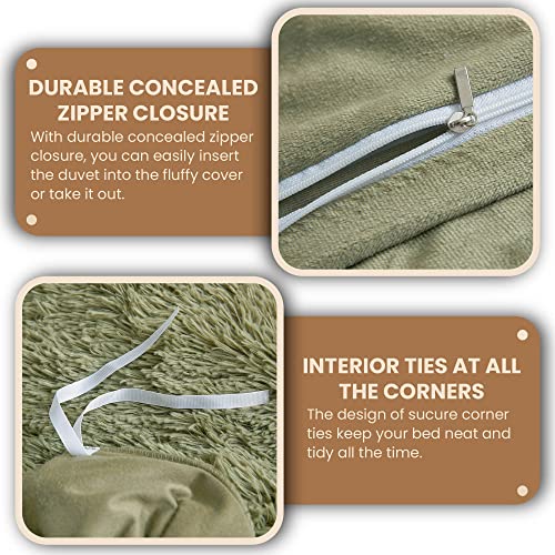 Mego Luxury Shaggy Faux Fur Duvet Cover Set, Ultra Soft 3 Pieces Fluffy Comforter Cover Set, Fuzzy Bedding Set(1 Plush Furry Duvet Cover + 2 Pillowcases), Zipper Closure(Queen, Sage Green) #TOP5