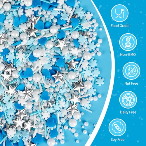Image of Edible Winter Sprinkles for Cake Decorating,Frozen Blue Heart White Snowflake Silver Star Pearl Jimmies Mix,Confetti Sprinkles 130g /4.58oz,Snowflakes Sugar Pearls for Decorations Baking,Cake Ice Cream Cookies Cupcake Topper Chocolate,Birthday Holiday Children Party Sprinkle