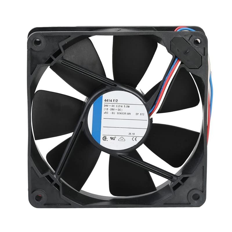 Front view of the Ning Xiang 4414F/2 cooling fan, showing the central label with specifications and the four mounting holes.