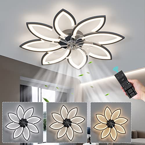 Ventilador de techo negro de 78 cm con temporizador de luz LED regulable de flores y control remoto, motor CC de 6 velocidades, funcionamiento silencioso, ventiladores de techo reversibles para