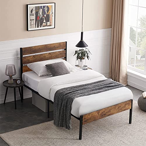 VECELO Platform Single Bed Frame with Rustic Vintage Wood Headboard and Footboard, Mattress Foundation, Strong Metal Slats Support, No Box Spring Needed