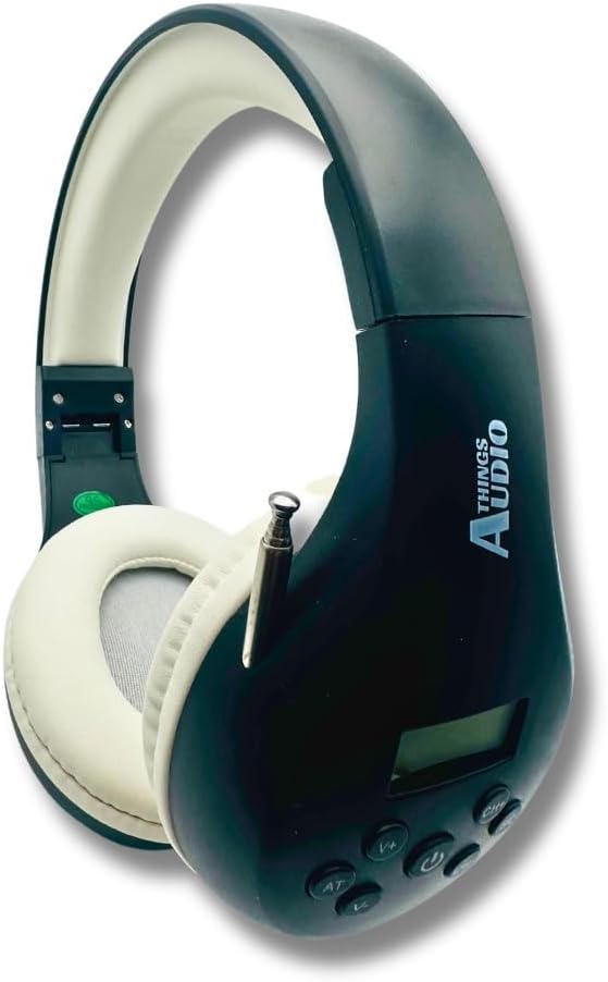 KQEC FM Radio Headphones Adjustable with Pull-Out Antenna - Portable Personal Radio for Walking Jogging Relaxing | Battery Powered | 2 AA Batteries Not Included (Black & White)