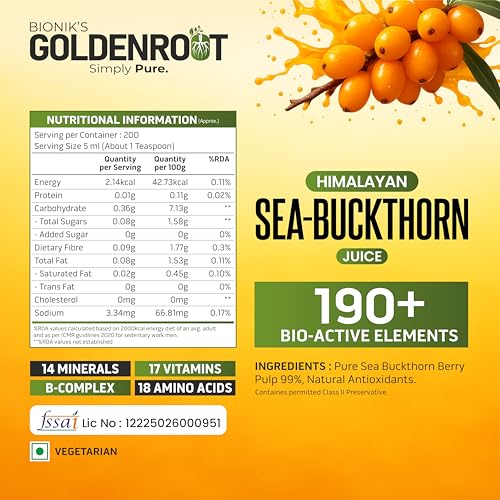 Image of Bionik Goldenroot Sea Buckthorn Juice | Cold-Pressed Pulp Concentrate | Rich in Vitamin C, Omega 3, 6, 7, 9 & Antioxidants | Supports Immunity, Skin & Gut Health | For Men & Women (1000 ml)