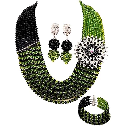 aczuv 8 Rows African Jewelry for Women Nigerian Beads Wedding Necklace Set Bridal Jewelry Sets (Olive Green Black) Cover