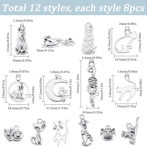 SUNNYCLUE 1 Box 96Pcs 12 Styles Cats Charms Mini Kitty Charm Tibetan Alloy Silver Cute Pet Animal Charms Bulk for jewellery Making Charms DIY Crafting Necklace Bracelets Earring Women Beginners Adult - Image 2