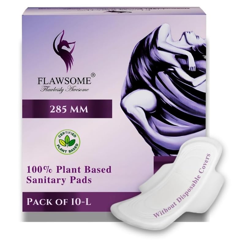 Image of Flawsome Plant-Based Sanitary Pads for Women | L Size, Pack of 10 | Ultra-Thin, Rash-Free & Toxin-Free | Ultra Soft & Breathable | Leak-Proof with 50% Wider Back | Super Absorbent for Sensitive Skin (Without Disposal Covers)