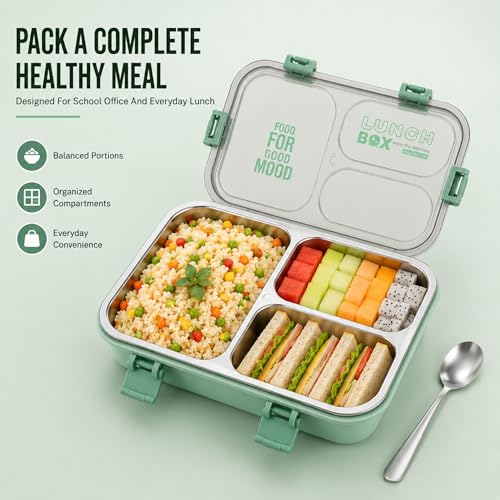 Image of Stainless Steel Lunch Box with 3 Compartments Leak Proof Airtight Lid BPA Free Food Storage Container Durable Portable Bento Tiffin for Kids, School Picnic (3 Green)
