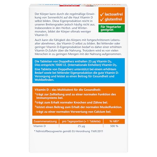 Doppelherz Vitamin D3 1000 - Vitamin D3 als Beitrag zur normalen Funktion des Immunsystems, der Knochen & Muskelfunktion - 45 Mini-Tabletten