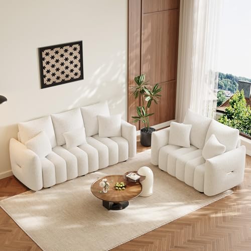 Image of OUYESSIR 2 Pieces Boucle Sofa for Living Room, Modern Deep Seat Loveseat & 3-Seater Couch, Oversized Cloud Sofa Couch Set, Comfy Upholstered Teddy Living Room Furniture, Beige White