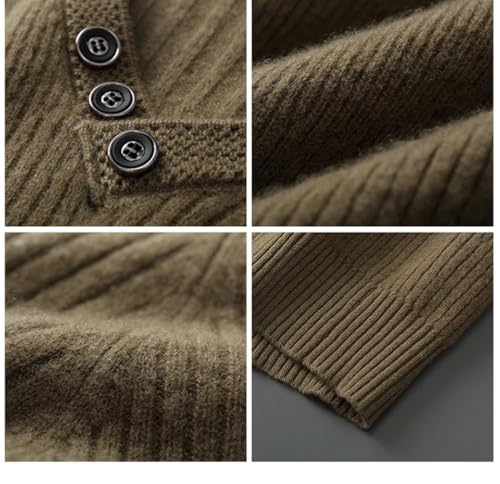 Men’s Autumn Winter V-Neck Wool Sweater Solid Knit Pullover Textured Loose Button Tops4