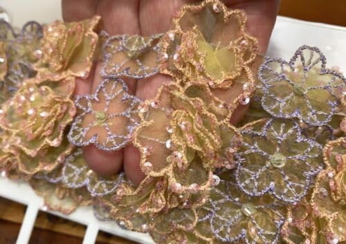 Lavender Peach Embroidered Beaded Flower Trim Layered Ruffle Hand Sewn 1.5" Sequins 1yd Fabric