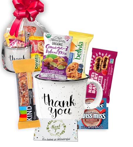Product Image of the THANK YOU Gift basket in a Coffee mug, w/snacks, candy care package for Friend, Employee Coworker gift Gratitude, Cookies & Bars for Nurse, Doctor, Teacher appreciation, sister, Boss, Candy in a mug
