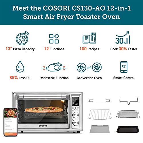 This is a picture of a product for sale called COSORI Smart 12-in-1 Air Fryer Toaster Oven Combo Convection Rotisserie & Dehydrator for Chicken,  Pizza and Cookies,  Recipe&Accessories Included,  30L,  Silver  A Certified for Humans Device