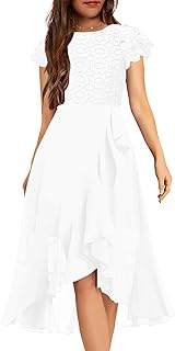 HOSIKA Girls Vintage Lace Chiffon Ruffle Sleeve A-Line Wedding Party Junior Bridesmaid Dress for