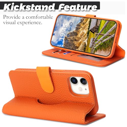 Image of Detachable Genuine Leather Case for iPhone 11 Wallet Case Magnetic 2in1 Removable Flip Cover Book Purse Compatible with Magsafe Charging Kickstand Card Holder-Orange