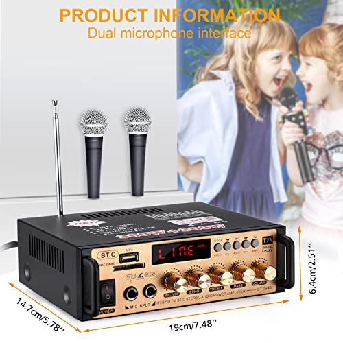 Facmogu 198B 2 Channel Bluetooth 5.0 Stereo Amplifier, Rms 30Wx2, Max 250Wx2 Home Audio Power Sound Receiver W/Fm Radio Usb Headphone 2 Wireless Mic For Karaoke Speaker Sound System #TOP1