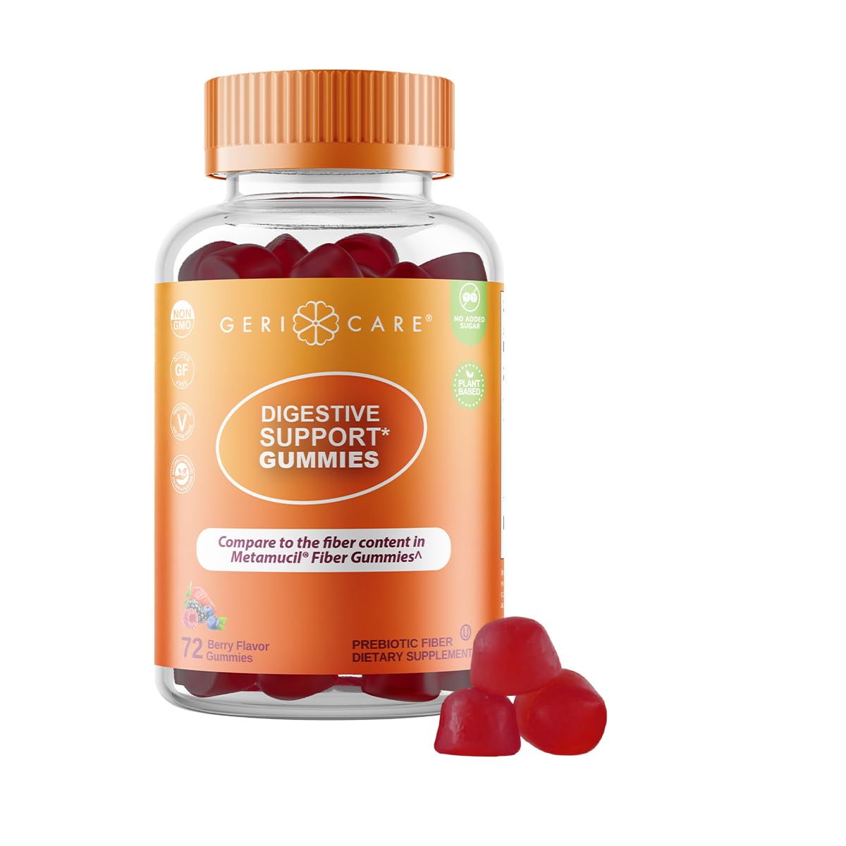 GeriCare Prebiotic Digestive Support, Gummies Compare to Metamucil Fiber Gummies, Berry Flavor, 72 Count, Plant-Based Fiber for Gut Health, Non-GMO, Gluten-Free, Vegan, Fiber Supplement 72 Count (Pack of 1) Gummies (Berry Flavor)