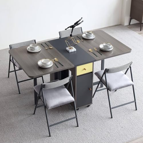 折りたたみダイニングテーブル 物置棚と2つの引き出し付き 移動・伸縮可能なキッチンテーブル 省スペース（ホワイト）