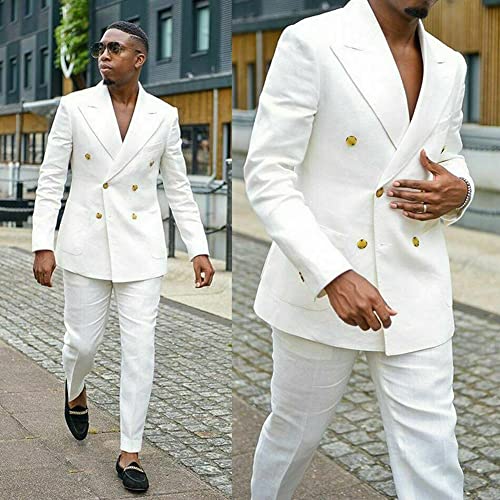 Men's Linen Double Breasted Buttons Peak Lapel Two-Piece Suit Tuxedos Jacket and Pants Set Casual Wedding Business2