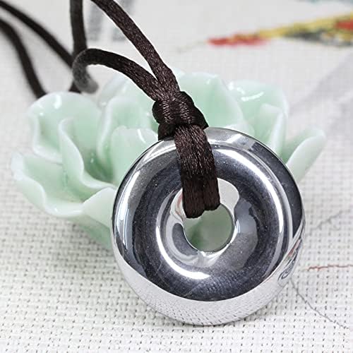 Keleny Coated White Hematite Gemstones 30mm Circle Coin Peace Donut Pendant Adjustable Braided Brown Rope Necklaces - Image 3