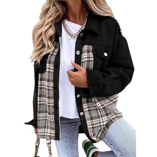 Womens Oversized Denim Jacket Casual Long Sleeve Button Down Plaid Jean Jackets Fashion Western Cowgirl Shackets2
