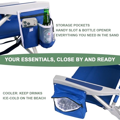 Image of Romswi Extra Wide Beach Chair with Canopy Shade, 2 Pack Aluminum Folding Chairs with Detachable & Adjustable Umbrella, 5-Position Lay Flat, Cooler Bag, Cup & Phone Holder, Towel Bar, Royal Blue