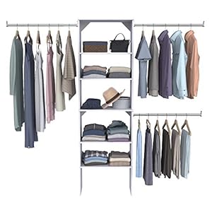 ClosetMaid SuiteSymphony Wood Closet Organizer Starter Kit Tower and 3 Hang Rods Shelves Adjustable Fits Spaces 5–10 ft Wide Pure White 25