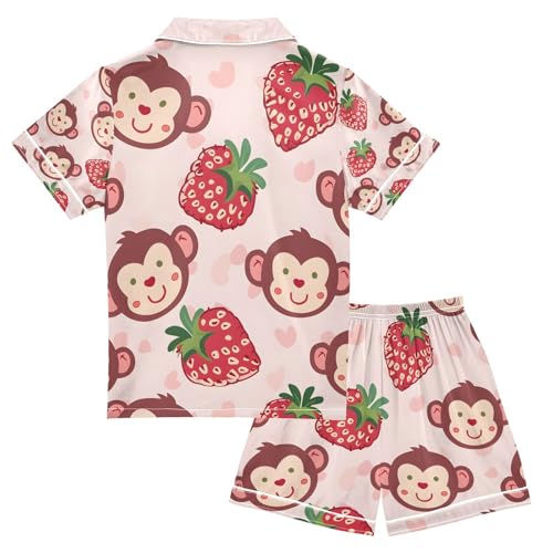 senya Monkey Strawberry Satin Summer Pajama Sets Silk Short Sleeve Button Down Sleepwear2