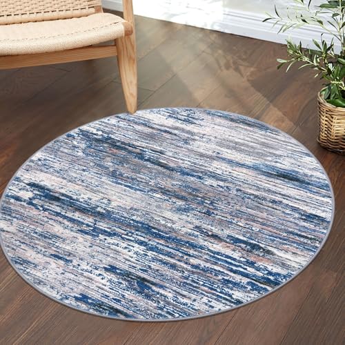 Navy Blue Gray Neutral Multi 3' Washable Round Rug for Entryway Soft Non-Slip Area Rugs Modern Abstract Low-Pile Carpet, Neutral Vintage Circle Rugs for Living Room Dining Bedroom Foyer