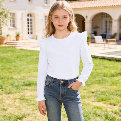 Image of LYSMuch 7-14Y Girls Ruffle Long Sleeve Shirt Kids Crewneck Basic Blouse Casual Tee