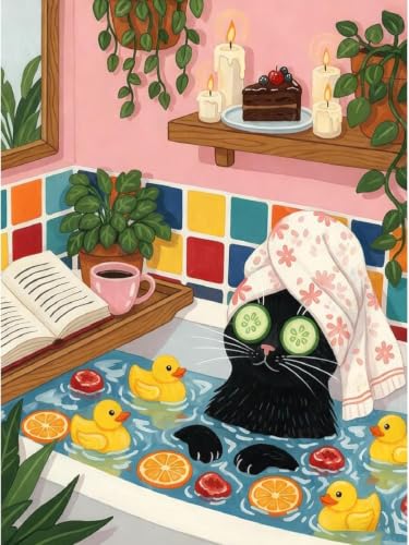 Image of Bathtub Stamped Cross Stitch Kits Printed Dimensions Embroidery Art Craft | Black Cat Counting Cross Stitch Kit for Adult Beginners, Full Line DIY Dimensions Stitching Kit, 11CT Embroidery Patterns