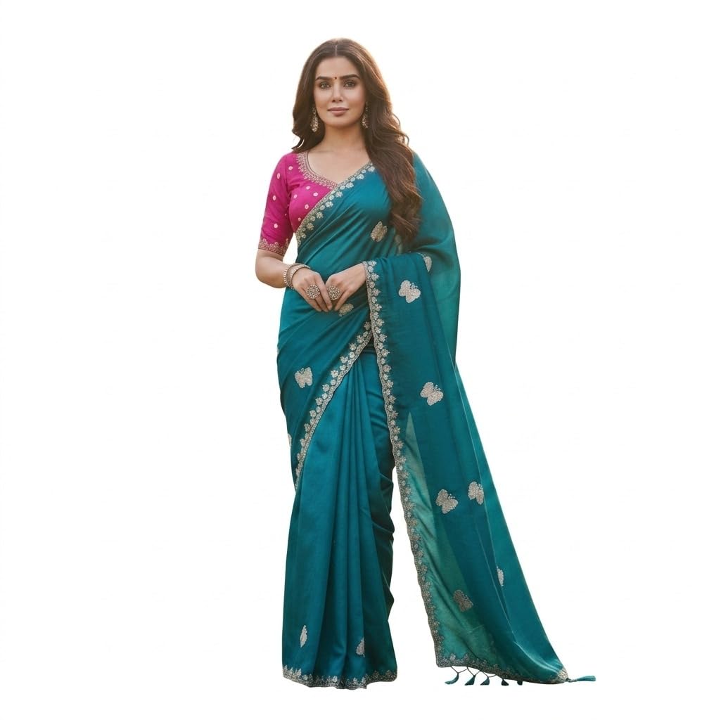 Women’s Royal Blue Georgette Saree with Embroidered Border & Contrast Blouse Piece for Daily, Wear, Office, Casual, Festive & Cultural Occasions-picture-28