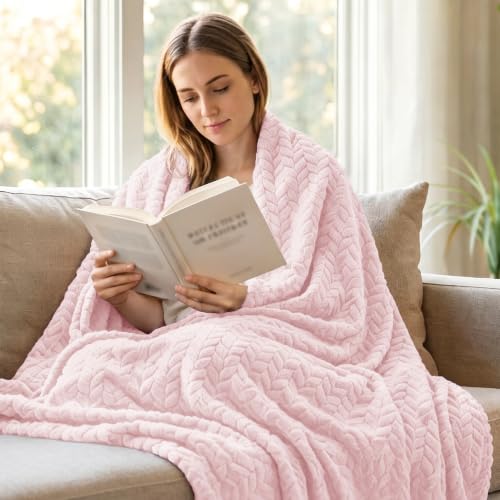 Image of Exclusivo Mezcla Fleece Throw Blanket for Couch Sofa, Light Pink Soft Plush Blanket, Lightweight Flannel Throws for All Seasons, 50x70 Inches