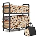 HXJLJY 2-Tier Large Firewood Rack Outdoor Indoor with Log Carrier Bag, 30" Stable Log Holder Rustproof Metal Wood Rack for Fireplace Patio Deck Firepit, Heavy Duty Firewood Storage Organizer Tool