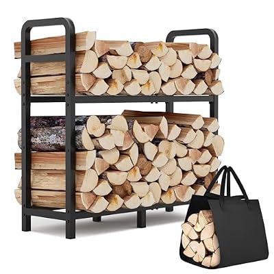 HXJLJY 2-Tier Large Firewood Rack Outdoor Indoor with Log Carrier Bag, 30" Stable Log Holder Rustproof Metal Wood Rack for Fireplace Patio Deck Firepit, Heavy Duty Firewood Storage Organizer Tool