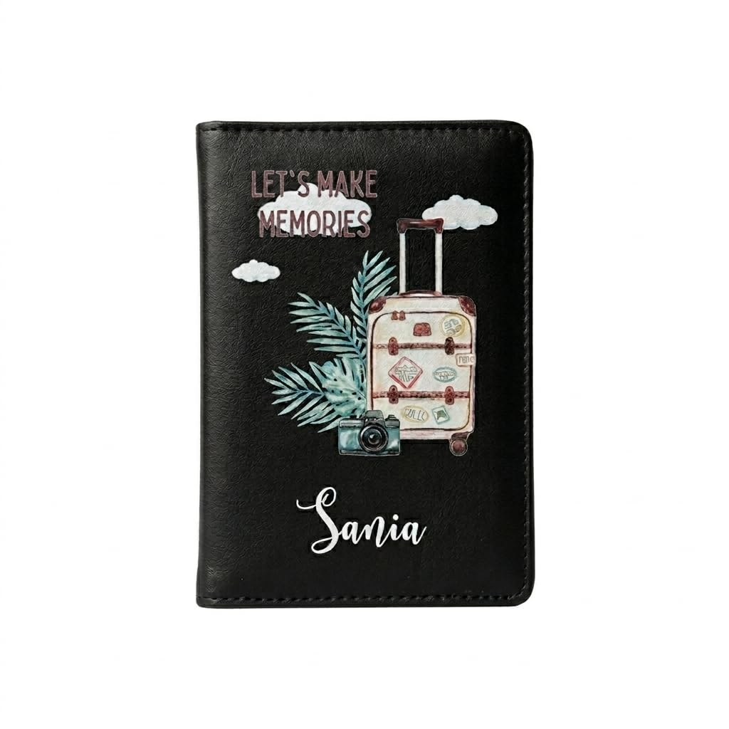 Personalised Passport Cover Let's Make Memories Travel Theme, Faux Leather Passport Holder in Black and White Design, Custom Name Travel Document Organizer for Men and Women-image-19