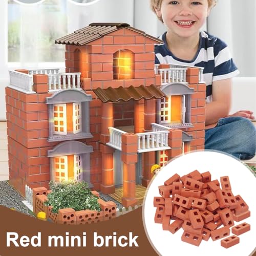 HAMKU 100 Stück Mini Ziegelsteine zum Mauern Kinder Miniatur Bricks Modellbau Steine Ziegel Rote für DIY Puppenhaus Fairy Garten Dekoration mit Zementpinsel