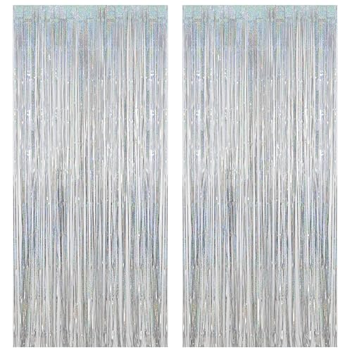 Torytoe Cortina metálica de 2 Piezas de Plata Brillante Cortinas de Oropel Metálicas, Cortina Lámina Franjas con Flecos, Cortina de Borla Decoracion Bodas, Telón de Fondo Fotos (1m x 2m)