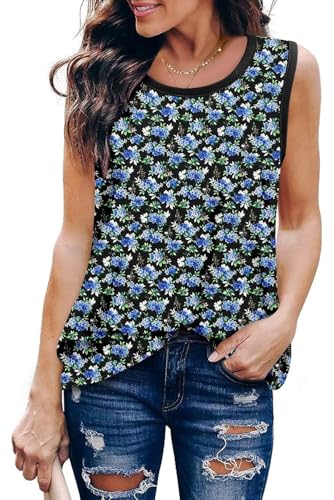 KISSMODA Womens Flora Print Tank Tops Ribbed Summer Shirt Sleeveless Summer Casual Women Blouses(S-3XL)