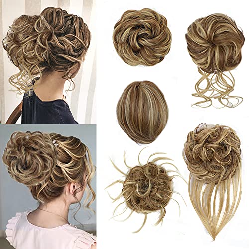 Lativ 5PCS Messy Hair Bun Tousled Updo Hair Scrunchies Extension With Elastic Rubber Band Straight Hair Bun Hair Pieces Curly Hair Accessories Set for Women Girls (Reddish Brown mix Natural Blonde)